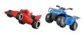 Red racing car, blue ATV. Different types of modern vehicles for car racing Royalty Free Stock Photo