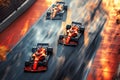 red racing cars are driving on track in Formula One Grand Prix race . Top aerial view above drone