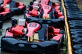 Red racing gokarts on track Royalty Free Stock Photo