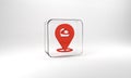 Red Racing helmet icon isolated on grey background. Extreme sport. Sport equipment. Glass square button. 3d illustration Royalty Free Stock Photo