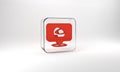 Red Racing helmet icon isolated on grey background. Extreme sport. Sport equipment. Glass square button. 3d illustration Royalty Free Stock Photo