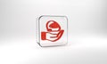 Red Racing helmet icon isolated on grey background. Extreme sport. Sport equipment. Glass square button. 3d illustration Royalty Free Stock Photo