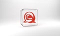 Red Racing helmet icon isolated on grey background. Extreme sport. Sport equipment. Glass square button. 3d illustration Royalty Free Stock Photo