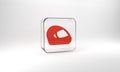 Red Racing helmet icon isolated on grey background. Extreme sport. Sport equipment. Glass square button. 3d illustration Royalty Free Stock Photo