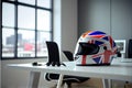 Red racing helmet with Union Flag (Jack) for motorbike scooters, sports and touring car driver in modern white