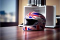 Red racing helmet with Union Flag (Jack) for motorbike scooters, sports and touring car driver in modern white