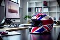 Red racing helmet with Union Flag (Jack) for motorbike scooters, sports and touring car driver in modern white