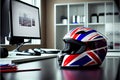 Red racing helmet with Union Flag (Jack) for motorbike scooters, sports and touring car driver in modern white