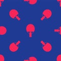 Red Racket for playing table tennis icon isolated seamless pattern on blue background. Vector Royalty Free Stock Photo