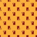 Red Radioactive waste in barrel icon isolated seamless pattern on brown background. Toxic refuse keg. Radioactive