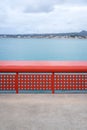 Red railing in front of the sea