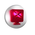 Red Railroad crossing icon isolated on transparent background. Railway sign. Silver circle button. Royalty Free Stock Photo