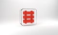 Red Railway, railroad track icon isolated on grey background. Glass square button. 3d illustration 3D render Royalty Free Stock Photo