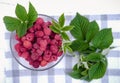 Red rasberries in a bowl with leaves