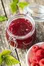 Red rasberries jam in jar and ripe raspberries Royalty Free Stock Photo