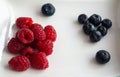 Red raspberries and blue blueberries