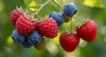 Red Raspberries Blueberries Strawberries on Branch Royalty Free Stock Photo