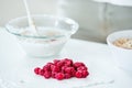 Red raspberries, muesli bowl in the background Royalty Free Stock Photo