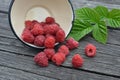 Red raspberries in a white bowl Royalty Free Stock Photo