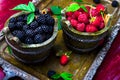 Red raspberry and blackberry with leaf in a basket on vintage metal tray. Close up. Royalty Free Stock Photo