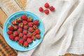 Red raspberry in blue dish and in front of white fabric on old vi Royalty Free Stock Photo