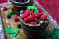 Red raspberry with leaf in a basket on vintage metal tray. Close up. Royalty Free Stock Photo