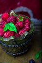 Red raspberry with leaf in a basket on vintage metal tray. Close up. Royalty Free Stock Photo