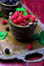 Red raspberry with leaf in a basket on vintage metal tray. Close up. Royalty Free Stock Photo