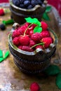 Red raspberry with leaf in a basket on vintage metal tray. Close up. Royalty Free Stock Photo