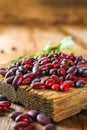 Red raw beans with greens on a wooden table. Royalty Free Stock Photo