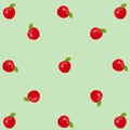 Red realistic apples on green vintage background.
