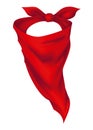 Red realistic bandana on neck. Youth fashion neck scarf or cowboy garment element template. Biker face scarf, bandanna