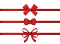 Red realistic bow. Horizontal red ribbon collection. Holiday gift decoration, valentine present tape knot, shiny sale