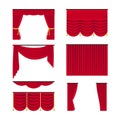 Red realistic curtains set isolated on white background. Draperies interior decoration object. Vector illustration.
