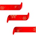 Red realistic detailed curved paper banner with Golden snowflakes isolated on white background