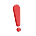 Red exclamation mark, caution icon, front view is slightly tilted to the side, 3d rendering, illustration