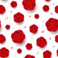 Red realistic flowers and stars seamless pattern