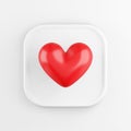 Red realistic heart icon, white square button. 3D rendering Royalty Free Stock Photo