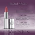 Red realistic lipstick tube mockup. Fashion cosmetic purple ads.
