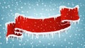 Red realistic ribbo with winter icicles and falling snow. space for text Christmas banner. Vector illustration