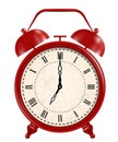 Red realstic vintge alarm clock on white background