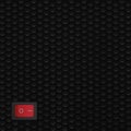 Red rectangle rocker power switch in on position, black abstract dot texture frame vertical pattern, natural blank copy space
