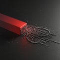 A red rectangular magnet lies on a smooth black surface, attracting small ferromagnet Royalty Free Stock Photo