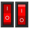 Red rectangular power toggle switches in on and off position set isolated on white background. Royalty Free Stock Photo