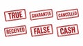 Red Rectangular Rubber Stamps with Words True, Guarantee, Cancelled, Received, False, and Cash Royalty Free Stock Photo