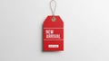 Red rectangular tag with \' NEWARIVAL\' and \' SHOPNOW\' on white background Keywords Royalty Free Stock Photo
