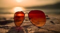 Red reflective lens man or woman aviator style fashionable attractive elegance sun glasses at the beach, lost and found concept,