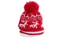 Red reindeer winter bobble ski hat one isolated