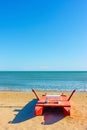 Red rescue boat on the beach in Rimini Royalty Free Stock Photo