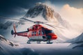Red rescue helicopter in the winter mountains